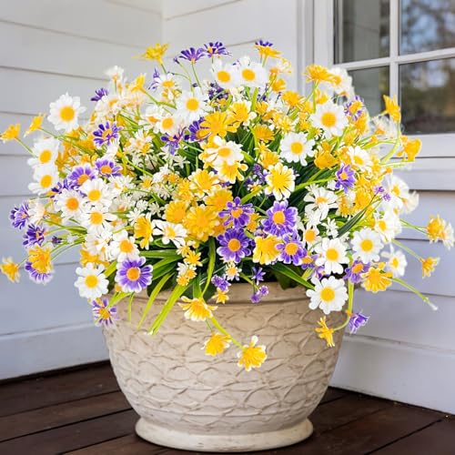 12 Bundles Artificial Daisy Flowers for Outdoors Summer Decor, UV Resistant Fake Cemetery Flowers Faux Plastic Greenery Shrub Plants for Home Gardens Porch Planter Yards Décor(Mix White Yellow Purple) - color: Mix White Yellow Purple, size: 12 Bundles