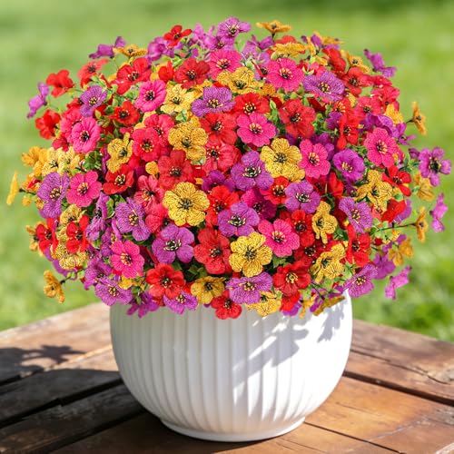 Artificial Flowers Faux Plants for Outdoor, 12 Bundles Realistic Silk Artificial Daisy with Eucalyptus, UV Resistant Fake Flower Plants for Outside Front Porch Garden Patio Decor (Mix-4 Colors) - color: Mix-4 Colors