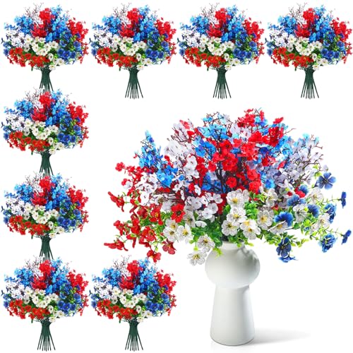 Giegxin 24 Pcs Red Blue White Patriotic Artificial Flowers 4th of July 250th Anniversary Table Centerpieces Decor Fake Baby's Breath Pick Stems Memorial Day for Veterans Home Gypsophila Outdoor Decor