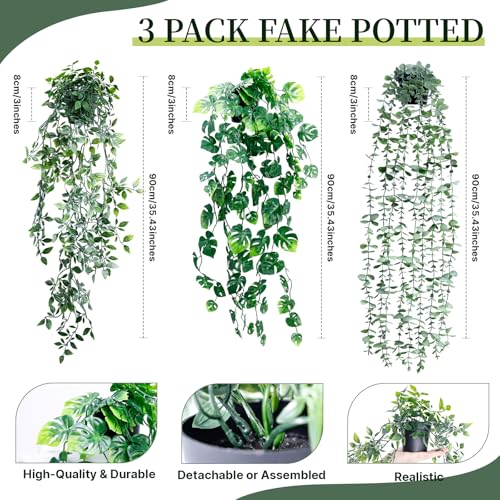 Artificial Hanging Plants for Shelf, 3-Pack Fake Potted Greenery Faux Mandala Monstera and Eucalyptus Vines in Black Pot, Décor for Office Living Room Bathroom Indoor Outdoor - color: 3-pack Mandala Monstera Eucalyptus Vines
