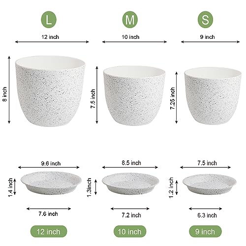 WSMKSZ Large Flower Pots 12/10/9 inch, Set of 3 Modern Decorative Plastic Planters with Drainage Holes and Saucers for Garden House Plants, Plant Pots for Indoor Outdoor Plants, Speckled White - color: Speckled White, size: 12"+10"+9"