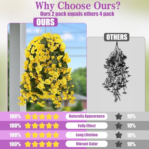 Sggvecsy Artificial Fake Hanging Flowers Plants for Outdoor Outside Spring Summer Decoration 2PCS Faux Silk UV Resistant Realistic Morning Glory Trailing Vines for Home Porch Patio Balcony(Yellow) - color: Yellow, size: 2Pcs