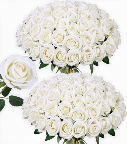 50 PCS Ivory Roses Artificial Flowers, Fake Roses with Stem Realistic Silk Roses for DIY Wedding Bouquets Tables Centerpieces Arrangements Baby Shower Birthday Home Decor Valentine's Day Gift for Her - color: Ivory