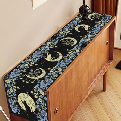 Boho Floral Table Runner, Spring Gothic Moon Phase Wildflower Mystical Witchy Farmhouse Coffee Table Center Decor for Home Kitchen Dining Patio Holiday Party Table Decorations 13x36 inches - color: Tr-moon07, size: 13x36" Table Runner