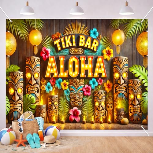 BlissYard Tiki Bar Aloha Luau Party Backdrop Tropical Hawaiian Banner 8x6FT Large Flamingo Beach Theme Photo Booth Background Summer Pool Party Birthday Indoor Outdoor Event Photography - color: Tiki Bar Aloha#01