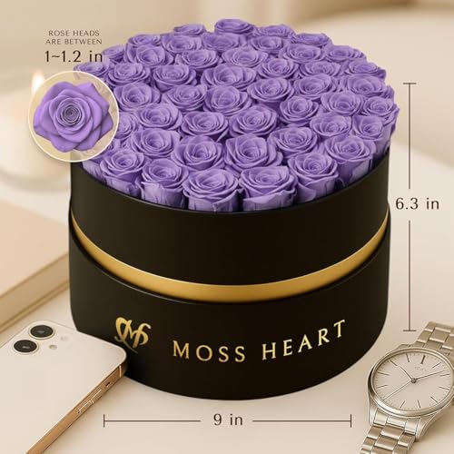 50 Petite Preserved Roses, Designer Round Box, Real Forever Roses Last 1+ Year, Premium Gift for Women, Wife, Girlfriend, Mother’s Day, Birthday, Anniversary, Valentine’s Day - color: Purple, size: 50 Roses