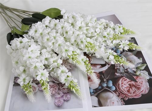 IPOPU 8PCS White Snapdragon Artificial Flowers Delphinium Artificial Silk Flowers Long Stem Hyacinth Fake Flowers for Wedding Home Outdoor Party Floral Arrangement Centerpiece Table Decoration (White) - color: White
