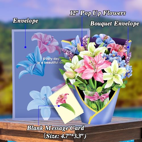 Airpark Pop Up Flower Cards, 3D Paper Flowers Bouquet Birthday Card 12’‘ with Blank Note and Envelope, Mother's Day, Get Well Greeting, Anniversary, Thank You, Easter Gifts Cards for Women Mom, Lillie - style: Lillies & Lupines