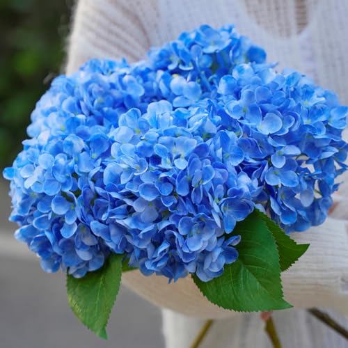 5 Pcs 18.5 inch Faux Silk Blue Hydrangea Artificial Flowers, Fake Flowers with Stems, for Wedding Bouquets Home Decor Table Centerpieces Outdoor Office Family Party Decoration - color: Blue