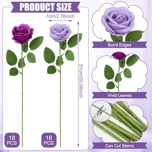 36 Pcs Lilac, Purple Artificial Roses with Long Stems, Fake Silk Rose Artificial Flowers Bulk for Bridal Wedding Bouquet Centerpiece Ball Arrangement Party Decor - color: Lilac, Purple
