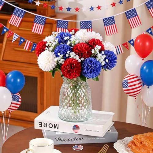 Floweroyal 12pcs 4th of July Flowers 250th Anniversary Artificial Chrysanthemum Ball Silk Hydrangea Flowers for Independence Day, Memorial Day, Floral Arrangement Decor (Red, Blue, White) - color: Red Blue White-12pcs