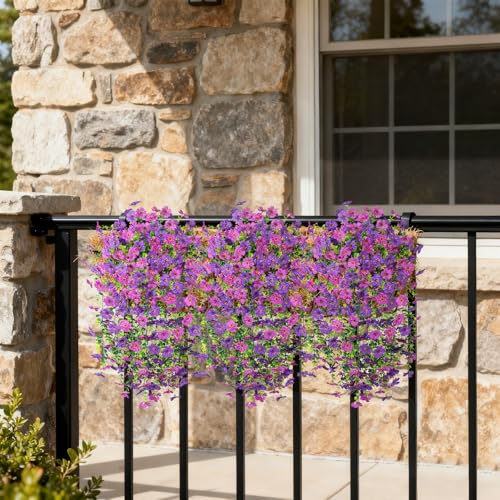 Hrobek 4 PCS Artificial Hanging Plants Flowers for Outdoor Srpring Summer Decoration, Fake Realistic Daisy Eucalyptus for Outdoors, Faux Plastic Greenery Long Vine Indoor Wall Patio Porch Decor - color: A-dark Purple Light Purple