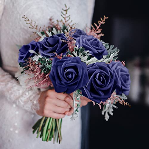 50 Pcs Artificial Foam Rose Flower Faux Bouquet Wedding Fake Rose Gift for Mother's Day Women DIY Bridal Shower Party Table Birthday Home Spring Decor (Navy Blue) - color: Navy Blue