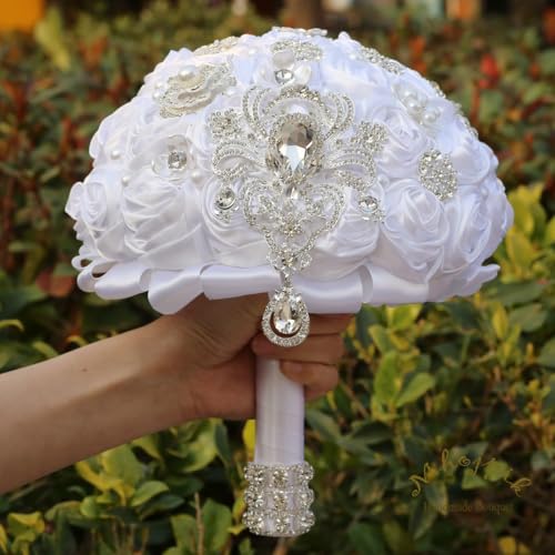 Bridal Wedding Bouquet Round Bling Brooch Bouquet Artificial Rose Flower Bunch for Bride Bridesmaid Wedding Quinceanera(White, 7.5") - color: White, size: Small (Dia. 7.5"/19cm)