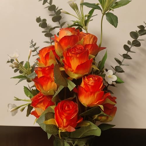 Artificial Roses 10 Pcs - Lifelike Single Stem Fake Roses with Natural Petal Texture,Fade-Resistant Silk Flowers for Wedding Decor,Home Vase Arrangements,Party Centerpieces(10, Red - Orange) - color: Red - Orange