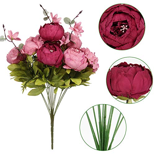 Silk Peony Bouquet Vintage Artificial Peonies Flower for Home Wedding Party Decor (1pcs, Burgundy) - color: Burgundy