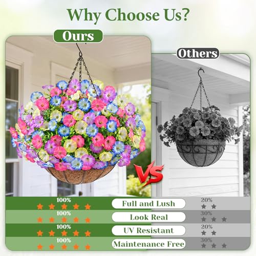 Elyum 2 Pack Artificial Hanging Flowers for Outdoors, Fake Flowers Artificial Petunias Hanging Baskets for Outdoors, UV Resistant Fake Hanging Plants Flowers for Outside Garden Patio Porch Decor - color: Mixed Colors 4, size: 2 Pack