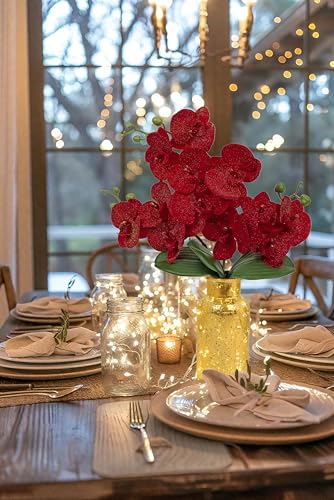 Oairse Red Orchids Artificial Flowers Faux Orchid Arrangement with Gold Glass Vase Real Touch Velvet Phalaenopsis Orchid Flowers Orchids Centerpiece for Dining Room Table - color: Red # Gold