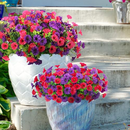 ADXORA 12 Bundles Morning Glory Artificial Flowers for Outdoor Decoration UV Resistant Fake Plastic Plants Artificial Greenery for Indoor Outdoor Garden Patio Window Box Home Decor - color: Hot Pink,dark Purple