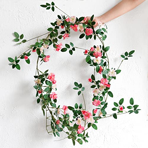 FiveSeasonStuff Pink Wild Rose Vine Garland, Two Faux Silk Floral Garlands with Greenery, Bendable Decorative Vines 12 ft Total - color: Pink