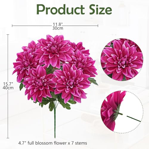 Hollyone Purple-Pink Artificial Dahlia Flowers with Stem Bushes 7 Heads Silk Fake Dahlias Flowers Wedding Bouquets Faux Dahlia Flower Floral Arrangements for Party Table Centerpieces Home Decor - color: Purple-pink