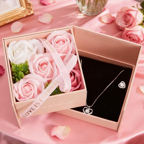 WDS WONDROUS Preserved Rose Jewelry Gift Set for Women, Forever Rose Flower with Heart Necklace & Earrings for Valentine's Day Anniversary Birthday Gift for Her - color: pink and silver, size: set of 3