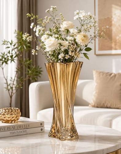 Crystal Glass Vase – Heavy Crystal Vase for Flowers with Weighted Bottom, Thick Durable Decorative Vases for Modern Home Decor, 9.8″ 3.5lb Clear Centerpiece (Amber X 2) - color: Amber X 2