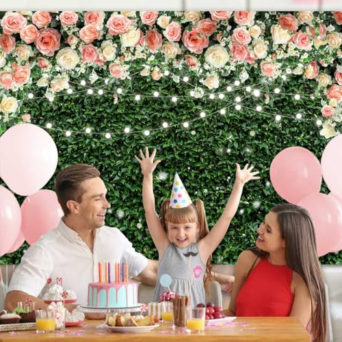 Sensfun Flower Wall Backdrop Spring Pink Rose Blossom Green Leaves Photography Background Floral Grass Birthday Baby Shower Miss to Mrs Wedding Bridal Shower Backdrops Portrait Photo Booth Props 7x5ft - size: 7x5ft