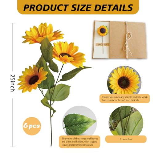 6 Pack Artificial Sunflowers for Gift Card, Realistic Silk Fake Sunflowers with Stem, 25 Inch Faux Flowers for Gift, Birthday, Mother's Day, Housewarming, Anniversary Decor - color: 6pcs-25inch