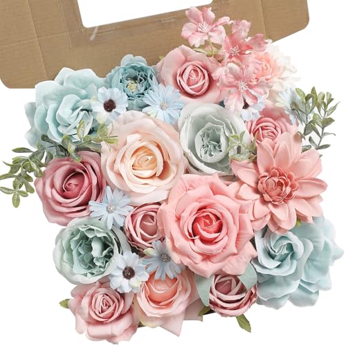 rongflower Blue Pink Artificial Flowers Combo Set Fake Flower Leaf Box with Stemst for DIY Wedding Bridal Bouquet, Centerpieces, Home Decor, Floral Arrangement Decor - color: Blue Pink