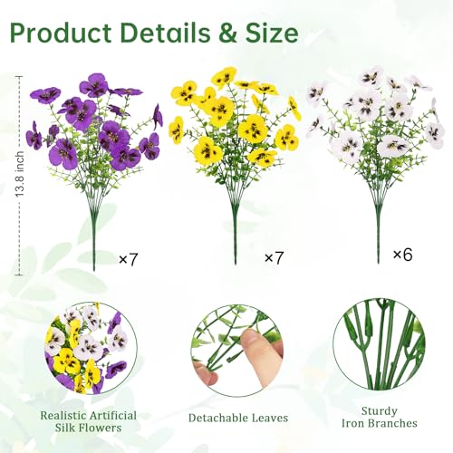 Ouddy Decor 20 Bundles Artificial Pansy Flowers for Outdoors, Fake Silk Flowers Faux Plants UV Resistant for Vase Table Balcony Planter Porch Yard Garden Indoor Outdoor Home Decor, Purple Yellow White - color: Purple Yellow White