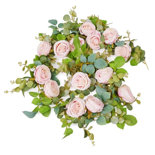 PONKING Flower Garland Artificial Rose Vine Flowers Hanging Fake Roses Vines for Wedding Birthday Party Valentines Christmas Room Wall Arch Decor, 2 Light Pink Floral Garland, High Realistic - color: High Realistic Flower Light Pink Vines 5.4ft