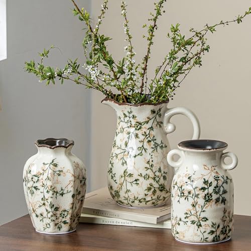 Ceramic Flower Vases Set of 3 | Green Rustic Farmhouse Vase Set for Home Decor, Vintage Floral Decorative Vase for Living Room & Kitchen, Mantel & Bookshelf, Centerpieces, Entryway(5.7+5.9+7.1Inch) - color: 06-green and Beige-set of Three