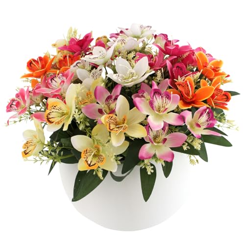 Coreland 12pcs Artificial Flowers Faux Cattleya Flower Bouquet for Vase Table Decorations Silk Flowers for Home Decor DIY Party Wedding Centerpieces Indoor Outdoor Arrangements (Vase not Included) - color: C Mix - 12 Pcs