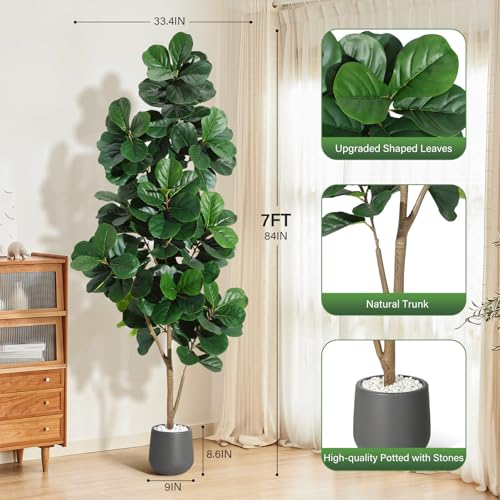 7 ft Fiddle Leaf Fig Tree Artificial with 141 Leaves - Realistic Faux Ficus Lyrata Trees in 9 in Grey Planter Pot, Indoor Fake Floor Plants for Home Office Living Room Decor, Housewarming Gift - color: With Black Planter, size: 7ft