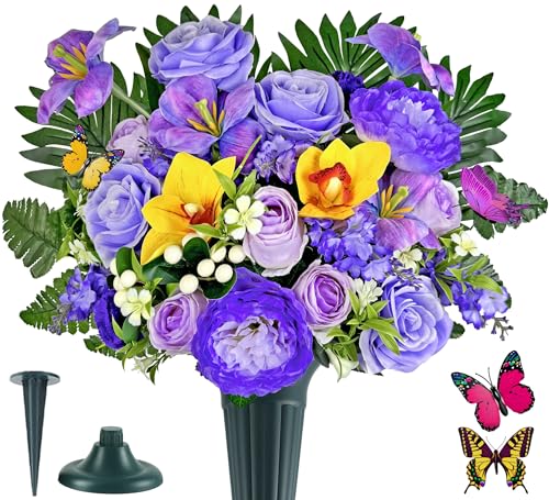 Artificial Cemetery Flowers for Grave,Memorial Flowers Bouquet with Vase for Headstones Decoration,Purple Rose Hibiscus Cymbidium Berry - color: Purple