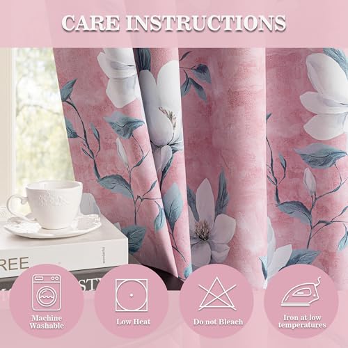MYSKY HOME 95% Floral Blackout Curtains 63 Inch Length for Girls Bedroom Nursery 2 Panels Set Black Out Thermal Insulated Privacy Protect White Flower Patterned Grommet Drapes, 52" Wide, Pink - color: Pink, size: 52"W x 63"L (Pack of 2)