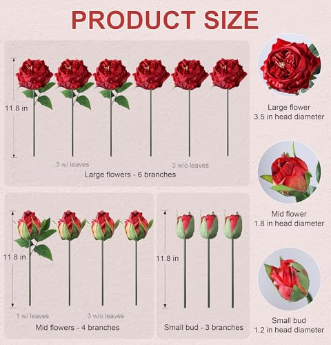 florisso Bright Red Austin Rose Faux Flowers - 13 Branches Silk Austin Roses for Wedding Floral, Table Decor & DIY Bouquets (Silk Faux Flowers) - color: Austin-red
