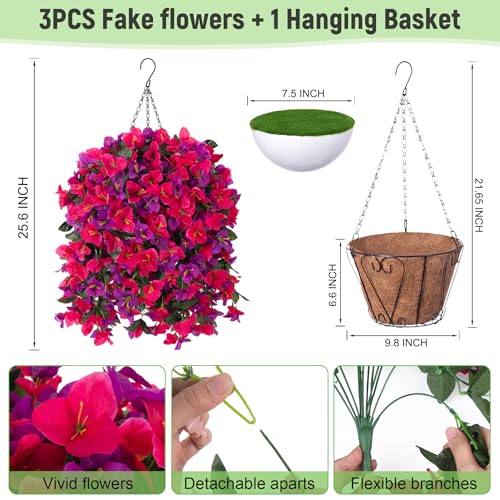 3 pcs Fake Bougainvillea Artificial Hanging Flowers Basket for Outdoors Decoration Faux Hanging Flowers Plants for Outdoor Planters Silk Bougainvillea Vines for Front Door Porch Patio Garden - color: Hot Pink and Light Purple+basket