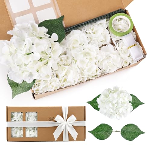 Auihiay 10PCS Artificial Hydrangea Flowers Kits, Realistic White Faux Hydrangea Flowers for Home Decor, Fake Hydrangeas for Wedding Centerpieces, DIY Bouquets, Bridal Shower, Mother's Day(White) - color: Ivory