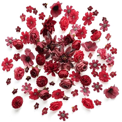 Floroom Mini Artificial Flower Heads Burgundy & Red Fake Peony Daisy Rose Multicolor Small Faux Silk Flower Heads for Cake Craft Garland Wedding Party Graduation Cap DIY Home Decoration, 0.8"-3.6" - color: Vintage Burgundy