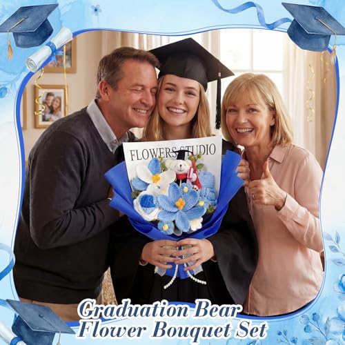 Giegxin Large Graduation Bear Flower Bouquet Set 2026 Crochet Graduation Bouquet Gift Hand Knitted Tulip Daisy Sunflower Rose Bouquets Greeting Card Gift Bag for Wedding Birthday Party Favors(Blue) - color: Blue
