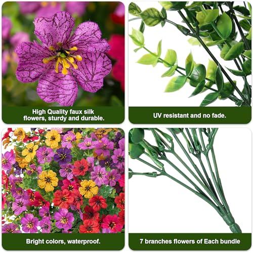 HyeFlora Artificial Flowers for Outdoor Indoor Garden Home Decoration, Faux Flower Daisy with Eucalyptus Leaves Fake Plants Greenery Boxwood Porch Patio, 12 Bundles (6 Multicolor) - color: 6 Multicolor