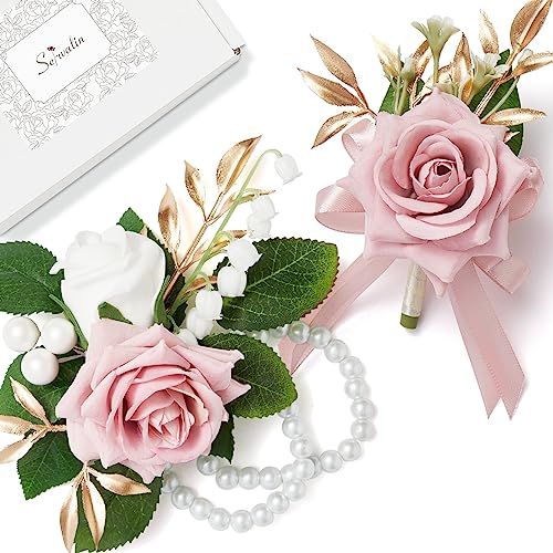 Serwalin Pink Corsage and Boutonniere Set, Prom Corsage and Boutonniere Set of Wedding Flowers Homecoming Accessories Party Suit Decoration - color: Pink, size: 1 Boutonniere & 1 Wrist Corsage - 2pcs