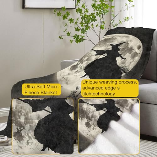 Midnight Witch Flight Fleece Blanket Gifts, Silhouette Against Full Moon Design, Soft Throw 50x60 inches, Haunting Halloween Decor - Black and Gray - color: Color451, size: 50"x60"