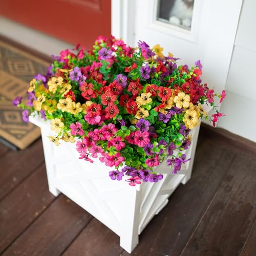 florisso Artificial Flowers for Outdoors Daisy 12 Bundles for Home Decoration, Faux Flower Fake Plants Outside Decoration with Eucalyptus UV Resistant for Planter Porch Patio Yard Garden Colorful - color: Purple Pink Yellow Red