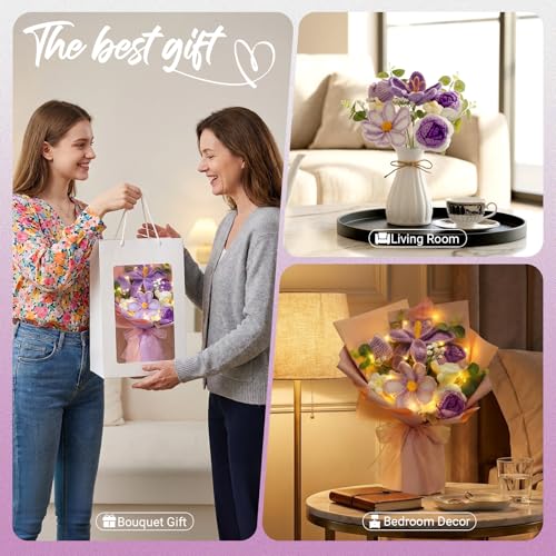 Crochet Flower Bouquet, Purple Handmade Knitted Flowers with Lights & Vase Crochet Tulips Galsang Liliy Rose Daisy Flower for Mothers Day Graduation Wedding Lover Teacher Anniversary Birthday Gift - color: Purple