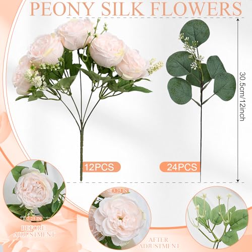 Peonies Artificial Flowers Bulk, 12 Bundles Fake Silk Peonies Faux Eucalyptus Bouquet Realistic Peony Floral Arrangement for Wedding Table Centerpiece Vase Decor (Light Pink) - color: Light Pink