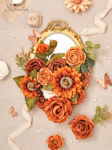 Serwalin Sunflower Artificial Flowers Burnt Orange Fall Flowers Fake Cake Flowers for DIY Wedding Bridal Bouquet Centerpieces Floral Arrangement Fall Decor Baby Shower Home Decor - color: B Orange Sunflower, size: 1 Box