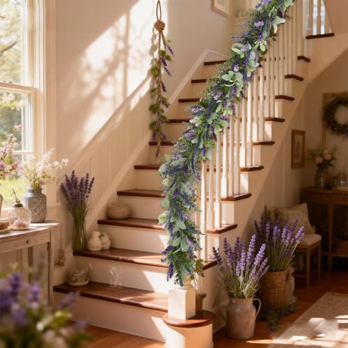 idyllic 6ft Lavender Bunny Ear Vine Garland Artificial Flower Decor for Front Door Window Porch Mantel Stair All Year Indoor Outdoor Home Decor - size: 6ft